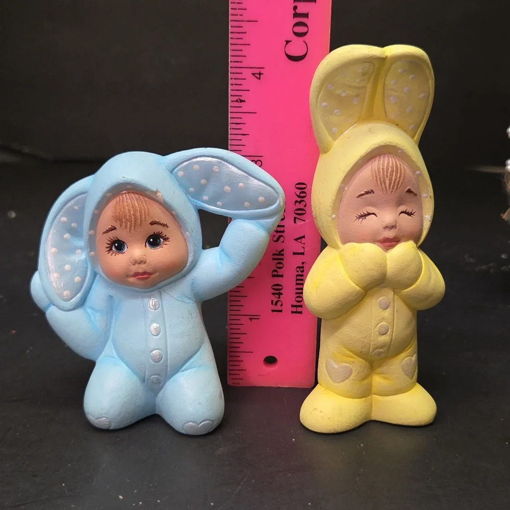 Vtg Easter Bunny Baby Pixies Ceramic Hand Painted Set Of 2~Kitschy~Cute ♡ Basket